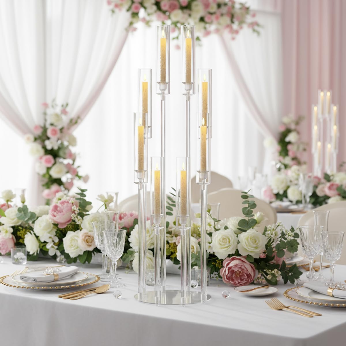 10PCS 8 Arm Acrylic Candelabra Candle Holder for Wedding,Tall Clear Candlestick Holders with Shade for Tables Party Grand Event Valentine's Day Dinner Decoration (Fit 0.8" Led Candles)
