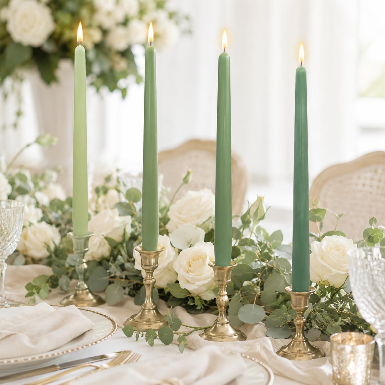 Sage Green Taper Candles Set of 4, 10 Inch Handmade Candle Stick, Unscented Candlesticks, Tapered Candles for Wedding Dinner Christmas Table Home Decor