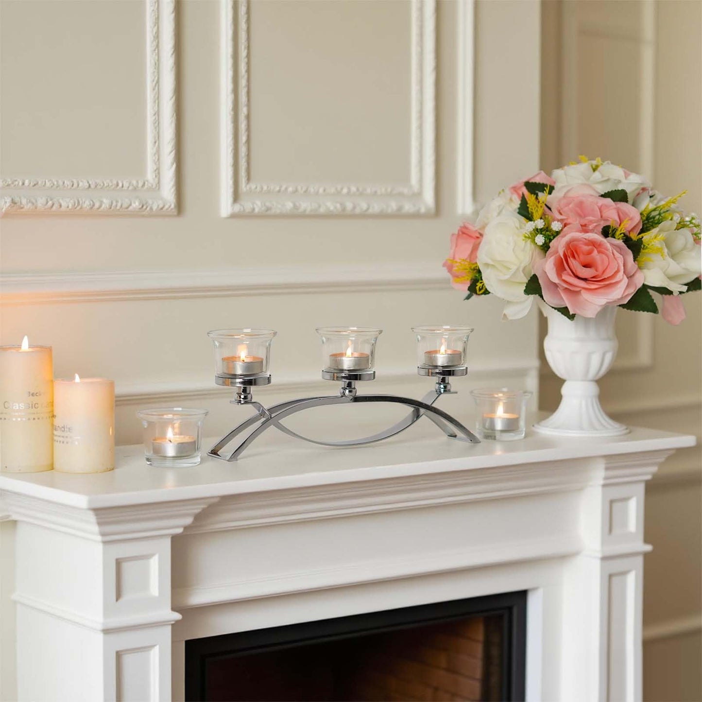 3-Arm Metal Tea Light Candle Holder Set with 5 Glass Cups, Votive Candle Holders Centerpiece Candelabra for Wedding Table Decor, Home Gatherings and Holidays (Silver, 5 Cups)
