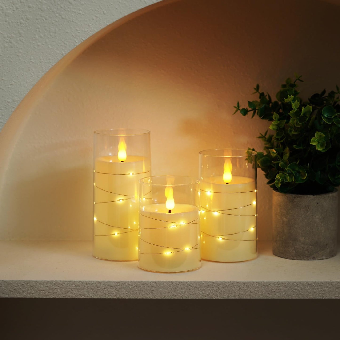 Amagic LED Flameless Candles, Battery Operated Candles with Embedded Fairy Lights, Acrylic Fake Candles with Remote and Timer for Wedding Home Decor, Ivory White, Set of 3, D3 x H4 5" 6"