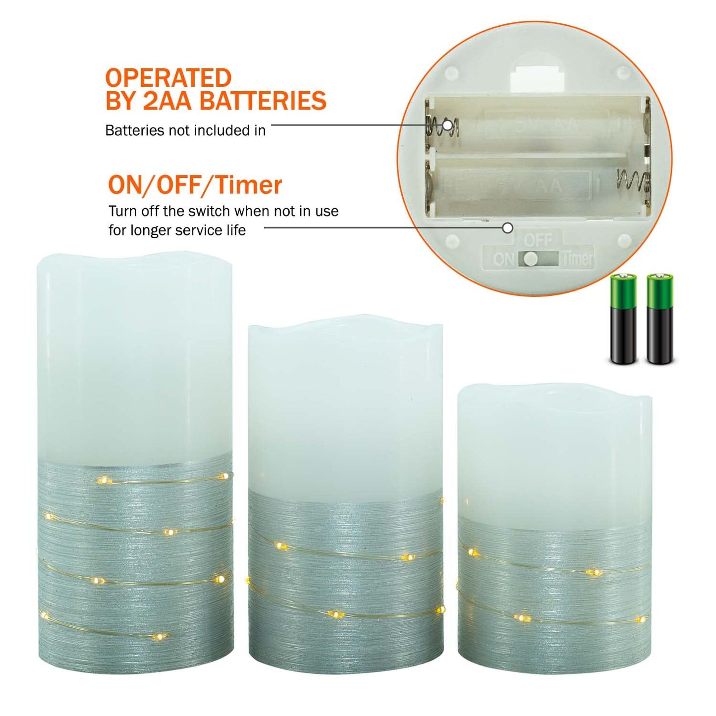 H-BLOSSOM Flickering Flameless Candles Ivory Real Wax Pillar with Embedded String Lights LED Candles Battery Operated with 10 Key Remote and Cycling 5H Timer Set of 3 (3" x 4"/5"/6") (Silver)