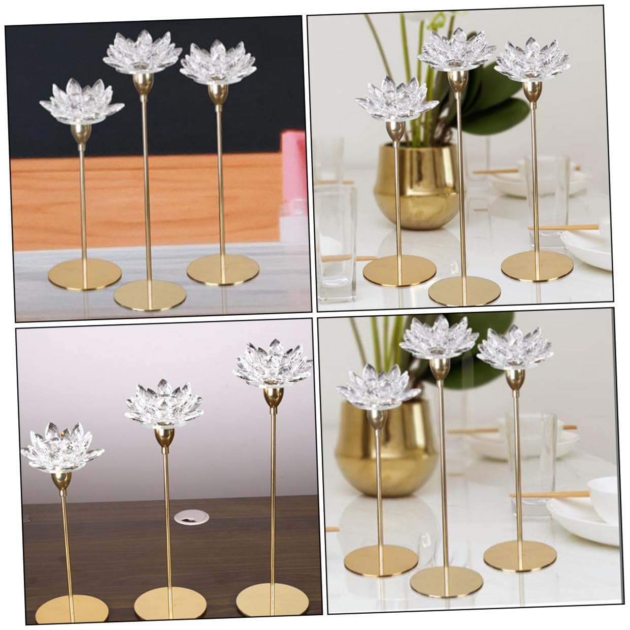 YARNOW Simple Decorative Crystal Lotus Candlestick Holder Small Metal Wedding Candle Stand for Candlelight Dinner Home Décor