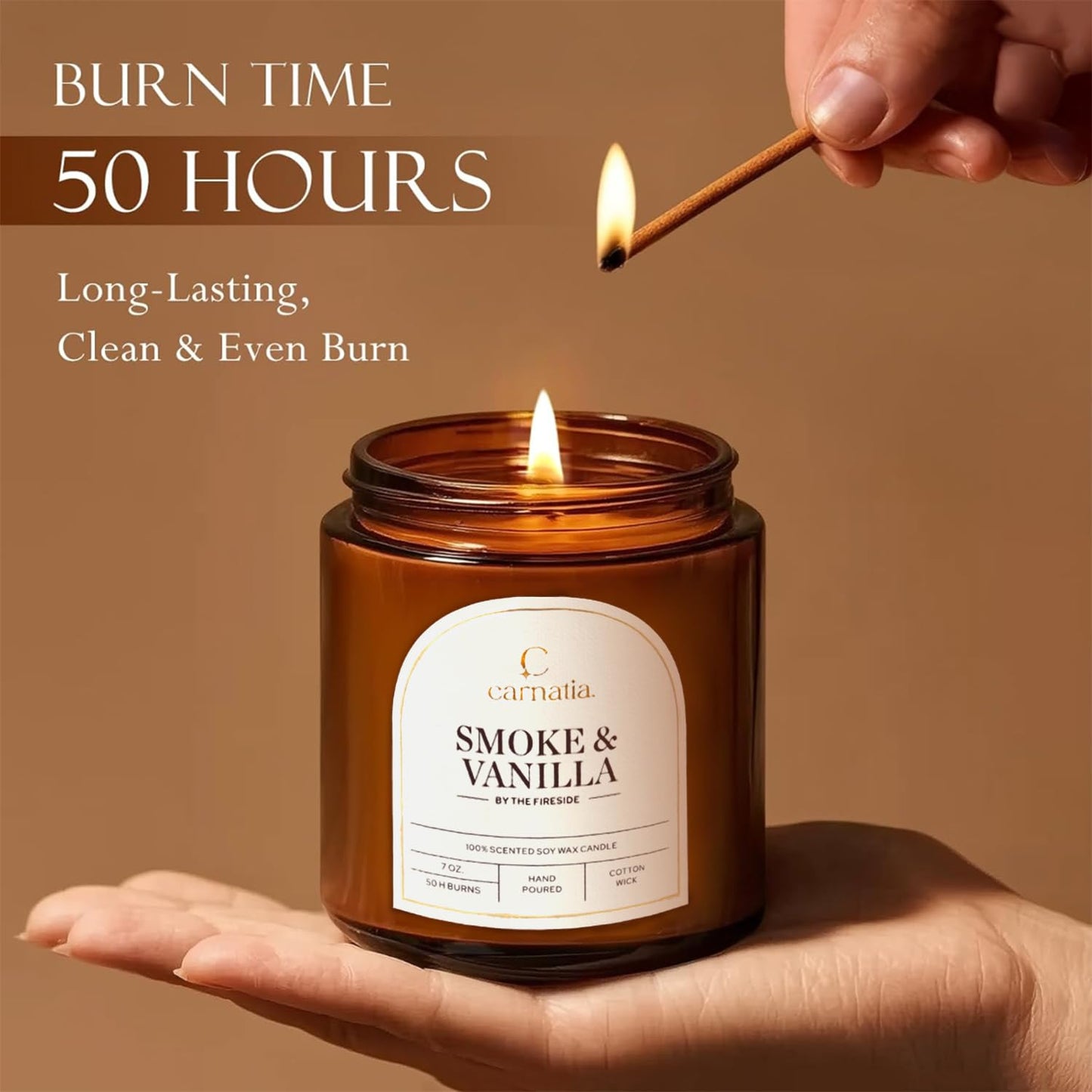 Carnatia Smoke & Vanilla Scented Candle – 7 oz | 100% Soy Wax with Cotton Wick | 50 Hour Burn | Aromatherapy Candle for Home, Cozy Mood & Relaxation | Gift for Women & Men