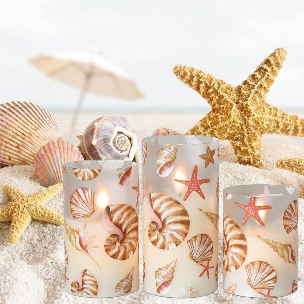 DRomance Seashell Battery Operated Flameless Flickering Candles with Remote Timer 3D Wick Flickering Glass LED Pillar Candles Dinner Christmas Holiday Decor D3 x H4, 5", 6"