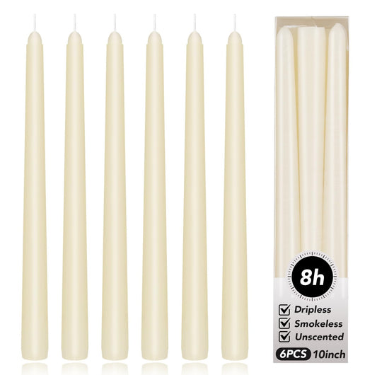KORCCI Ivory Taper Candles 10 Inch - Set of 6 Long Candles, 8 Hours Long Burning, Smokeless & Unscented & Dripless, for Christmas Holiday Décor, Weddings, Birthdays, Dinner, Rituals (Ivory)