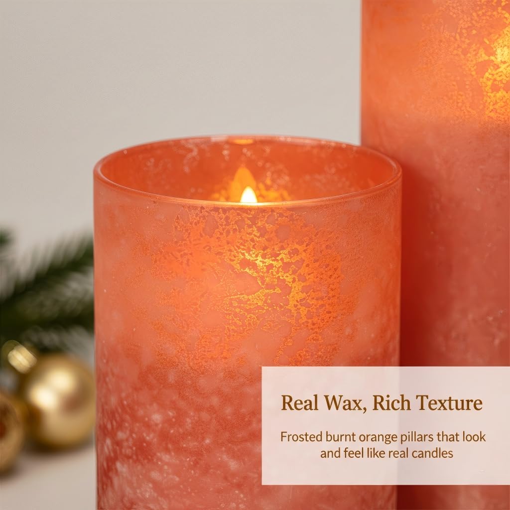 ANGELLOONG Orange Flameless Candles with Remote for Fall Decor, Burnt Orange Real Wax LED Pillar Lights, Flickering Battery Operated Fake Candles for Halloween Christmas Decor