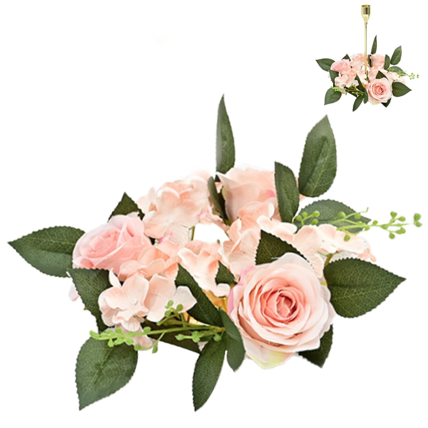 Candle Rings Wreaths 4 Inch Center Artificial Rose Candle Wreath Silk Flower Christmas Rings for Wedding Centerpiece Party Home Table Decor Style 2