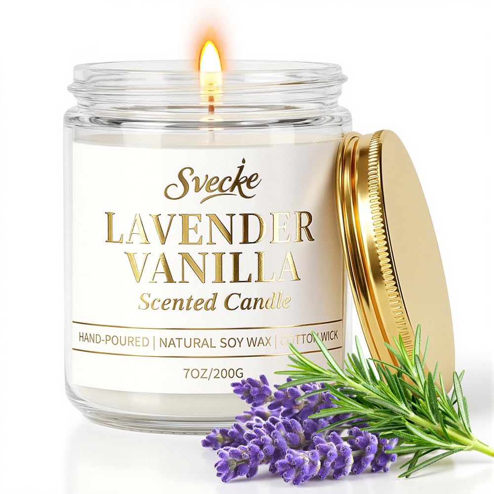 SVECKE Vanilla Lavender Scented Candle 7oz Soy Wax Jar Candle Long Burning Aromatherapy Candle for Home Bedroom Gift for Women Men Housewarming New Home Gift