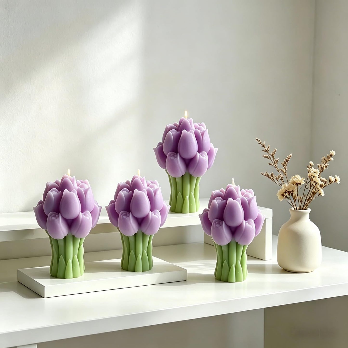 Scented Candles Set for Women Mom,4 Pack Aromatic Tulip Bouquet-Shaped Candle Ornament for Home, Yellow Soy Candles for Living Room and Bedroom, Birthday Bridesmaid Gift Valentines Day Candle