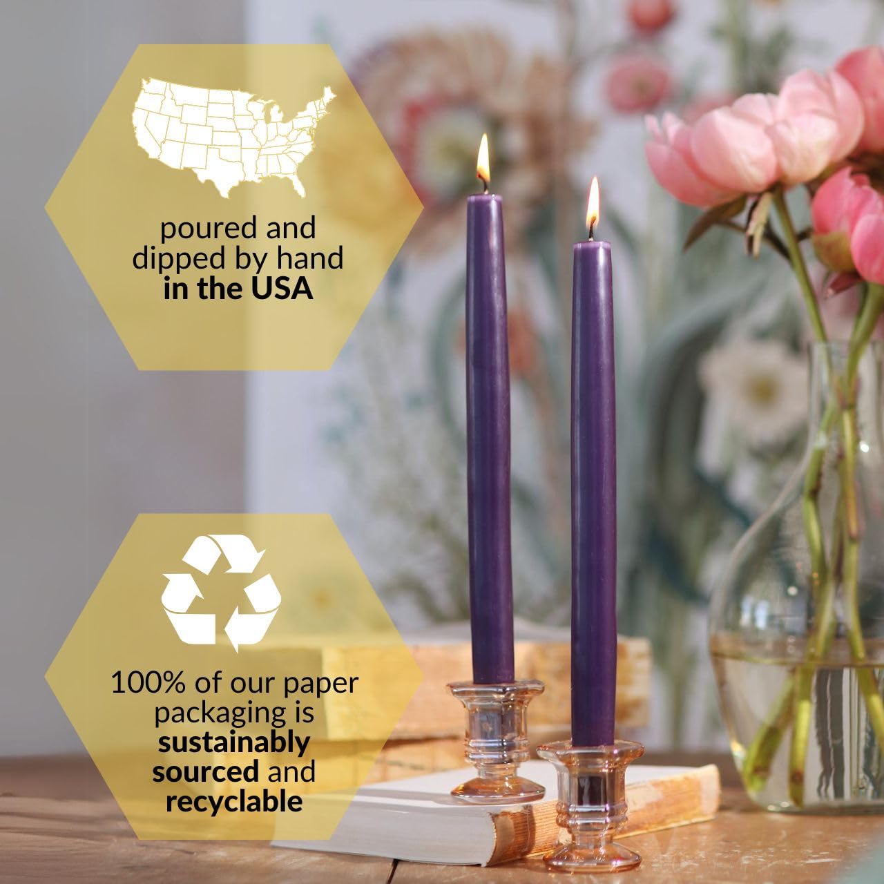 Big Dipper Wax Works Eggplant Purple Hand-Dipped Beeswax Taper Candles – 12” x 7/8”, 2-Pack, 100% Pure Beeswax, Long Burning, Clean, Cotton Wick, Handmade in USA, Home Décor & Wedding Candles