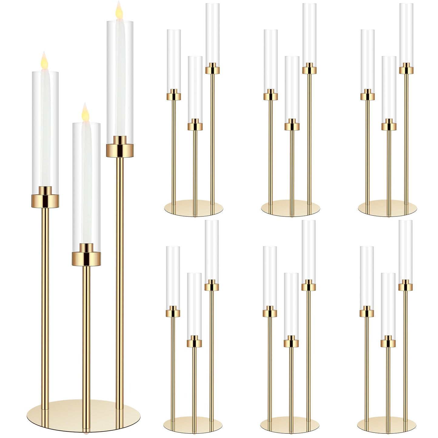 Layhit 6 Set Wedding Gold Candelabra Centerpieces for Tables, 3 Arm Tall Acrylic Candle Holder Centerpiece with Clear Shades for Reception, Party, Dining Decor, Anniversary, Fits 0.87" LED Candles