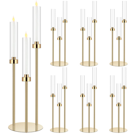 Layhit 6 Set Wedding Gold Candelabra Centerpieces for Tables, 3 Arm Tall Acrylic Candle Holder Centerpiece with Clear Shades for Reception, Party, Dining Decor, Anniversary, Fits 0.87" LED Candles