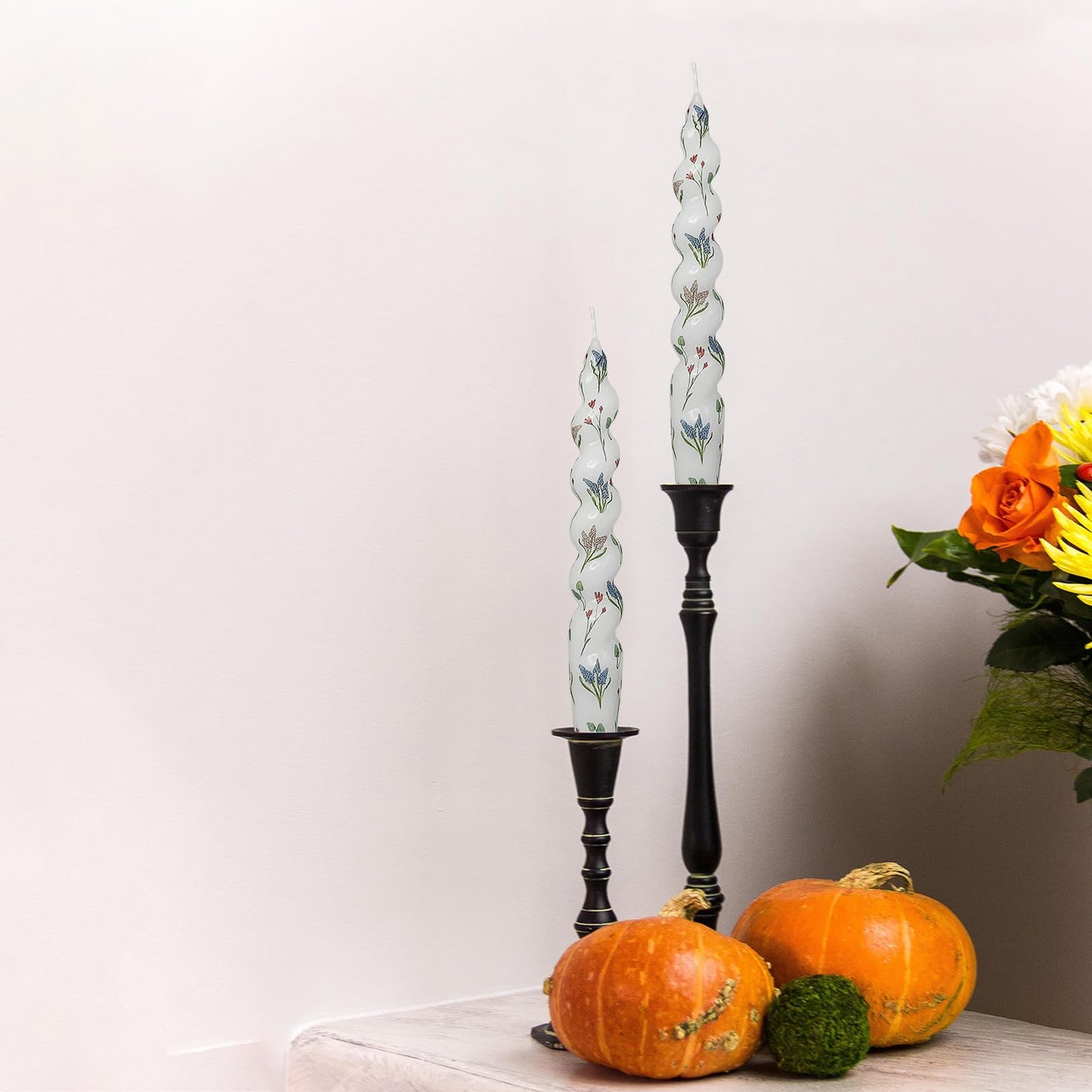 Printed Taper Candle Hyacinth Floral Spiral Candle Sticks 7.5 Inch Short Candlestick Handmade Twisted Candles for Home Wedding Holiday Decor Gifts Set of 4