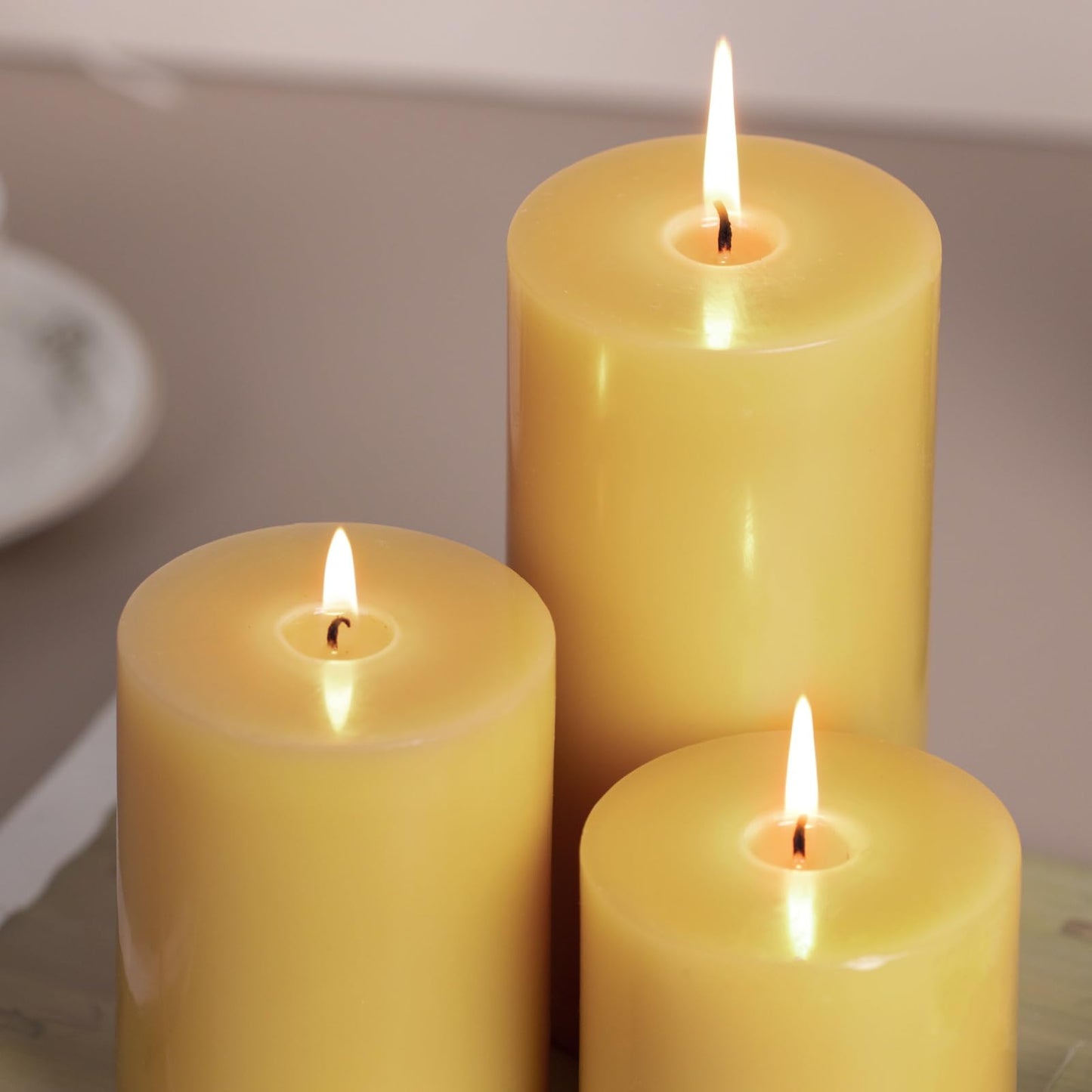 KONNI Mustard Yellow Pillar Candles Set of 3, 3"x 4" Unscented Pillar Candles Bulk, 39 Hours Long Burning Candles, Smokeless&Dripless Large Round Candle for Wedding, Home Decoration, Parties