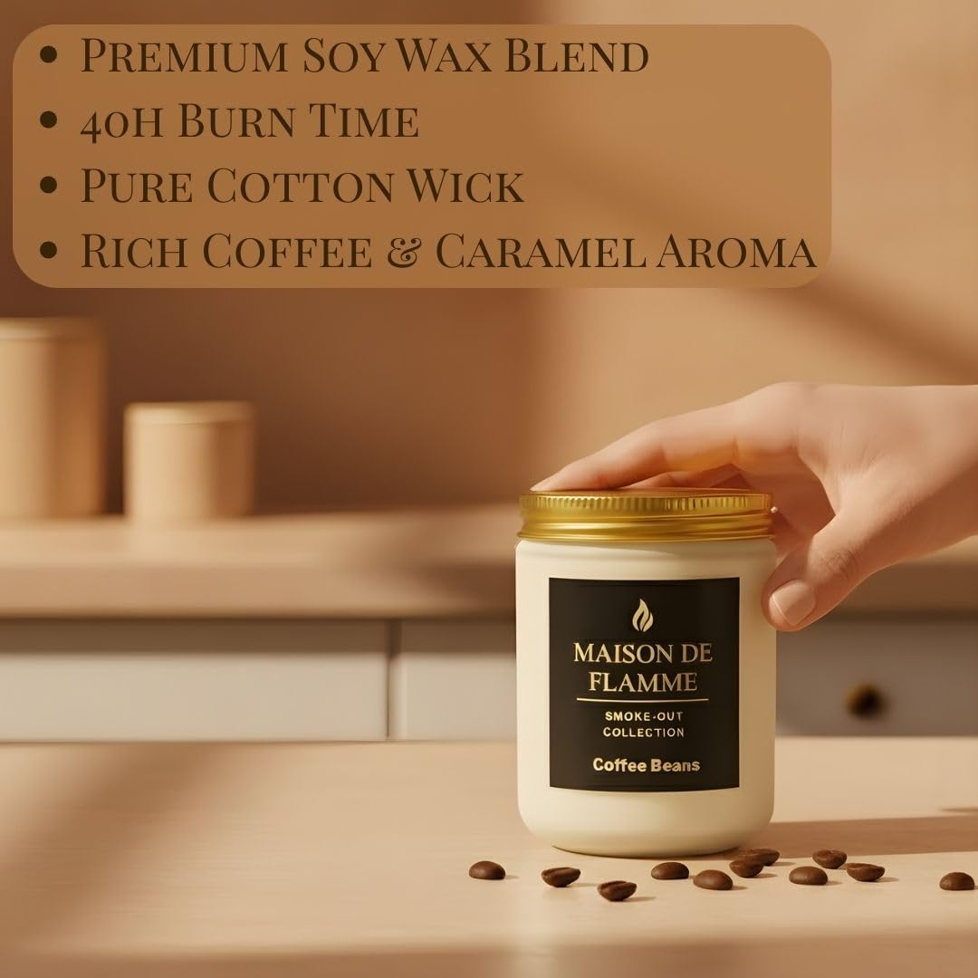 MAISON DE FLAMME Coffee Beans Odor-Eliminating Scented Candle, 200g/7oz White Jar – Long-Lasting Soy Wax Blend Candle for Smoke, Kitchen & Home Odors