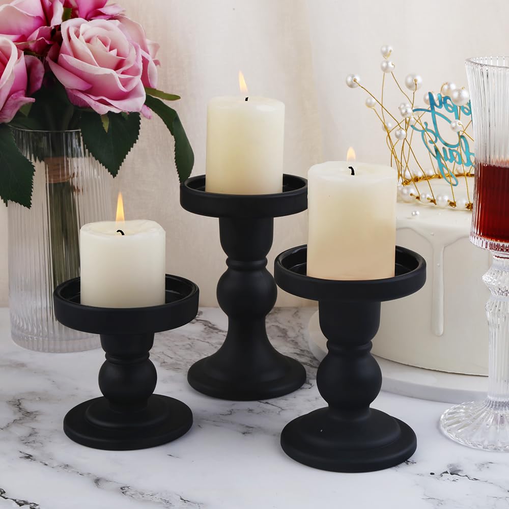 BTGLLAS 3-Piece Set of Black Glass Candlestick, Crystal Candlestick Holder Holder and Conical Candle, Christmas Candle Holder Decoration, Family Living Room Wedding Candle Holder (black1set)