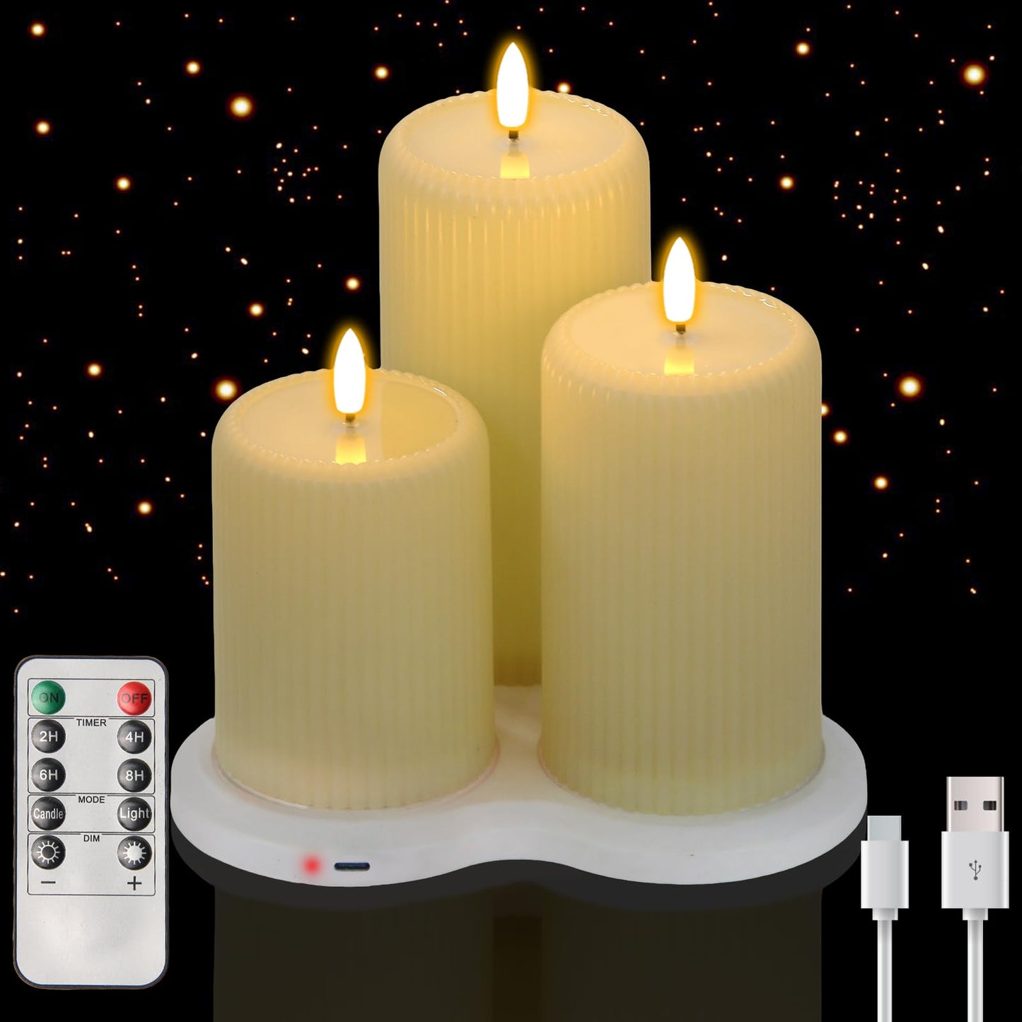 Rechargeable Candles with Remote Timer, 3 Pack LED Pillar Candles with USB Charging Base, Electric Fake Votive Candles for Wedding, Table, Halloween, Christmas Decorations (Set of 3, D3” x H4”5”6”)