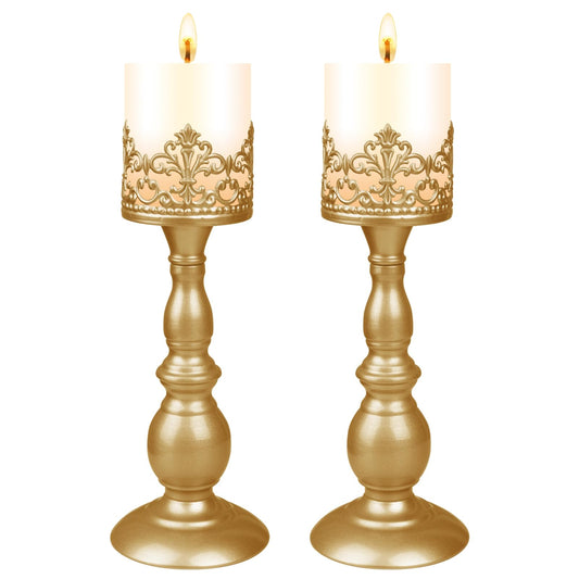 Candle Holders for Pillar Candles Gothic Matte Gold Vintage Tall Candle Holders Set of 2 Decorative Large Table Centerpieces Candle Stand Decor (Matte Gold 2PCS A)