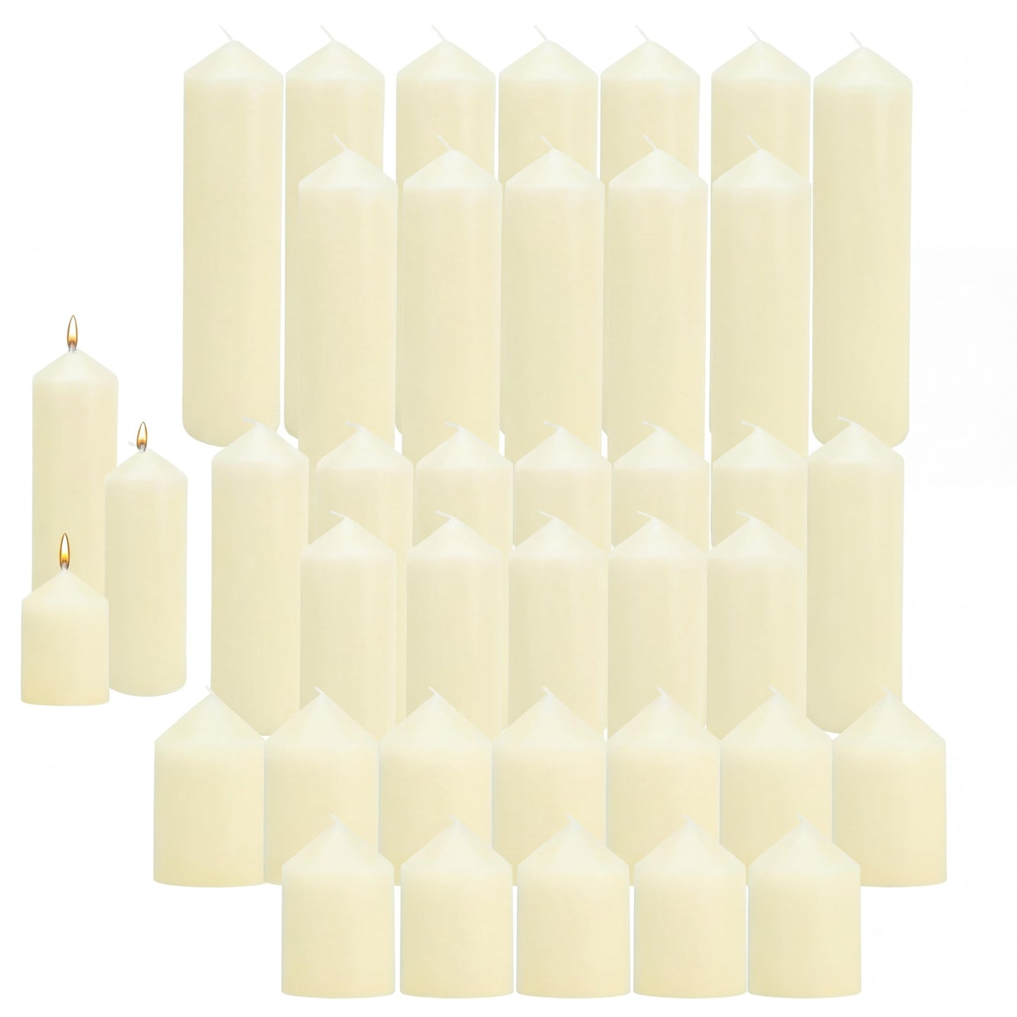 36 Pcs Individually Wrapped Pillar Candles Bulk, 2x3 2x6 2x8 Inch, Unscented Dripless Smokeless, Hurricane Candles for Wedding Party, Spa, Home Decor (36 Ivory Pointed-tip, 2 x 3/6/8 Inch)