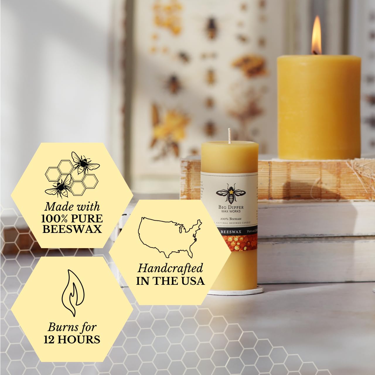Big Dipper Wax Works 100% Pure Beeswax Pillar Candles (1 Pack) – 2" x 4.75" Handmade in USA, Long Burning Clean Soot-Free, Natural Honey Aroma, Eco-Friendly Cotton Wick, Home Décor & Meditation