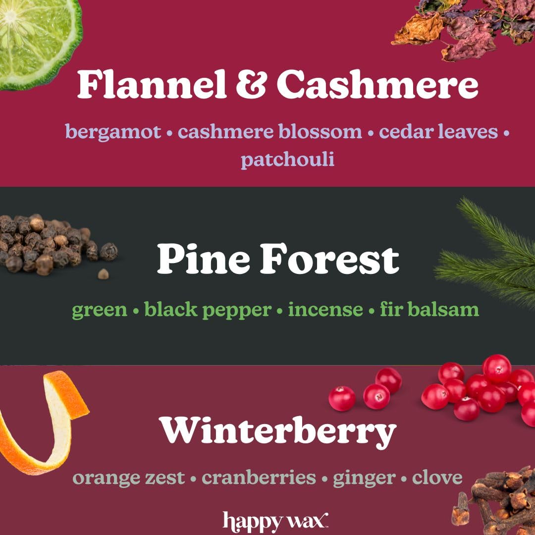 Happy Wax Winter Outdoors Mix Scented Natural, Non Toxic Soy Wax Melts; 6 Total Oz. of Holiday Scented Wax Melts, Collection Includes Flannel & Cashmere, Pine Forest and Winterberry