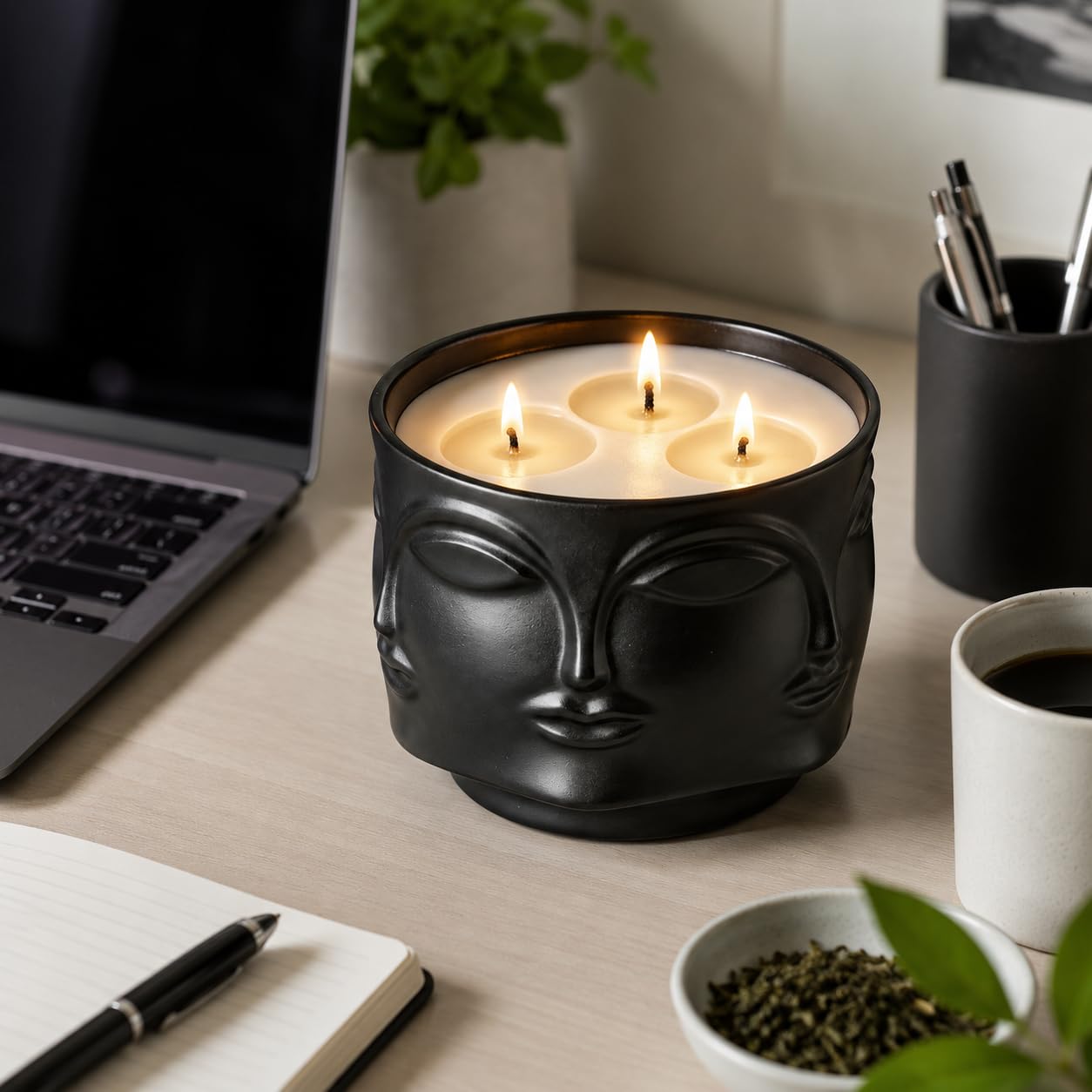 Viyffo 20oz Large Scented Candle - Forest Green Tea, 3 Wick Non Toxic Soy Candles for Women & Men, Unique Funny Matte Black Ceramic Jar, Luxury Home Fragrance, Room Art Décor & Premium Birthday Gift