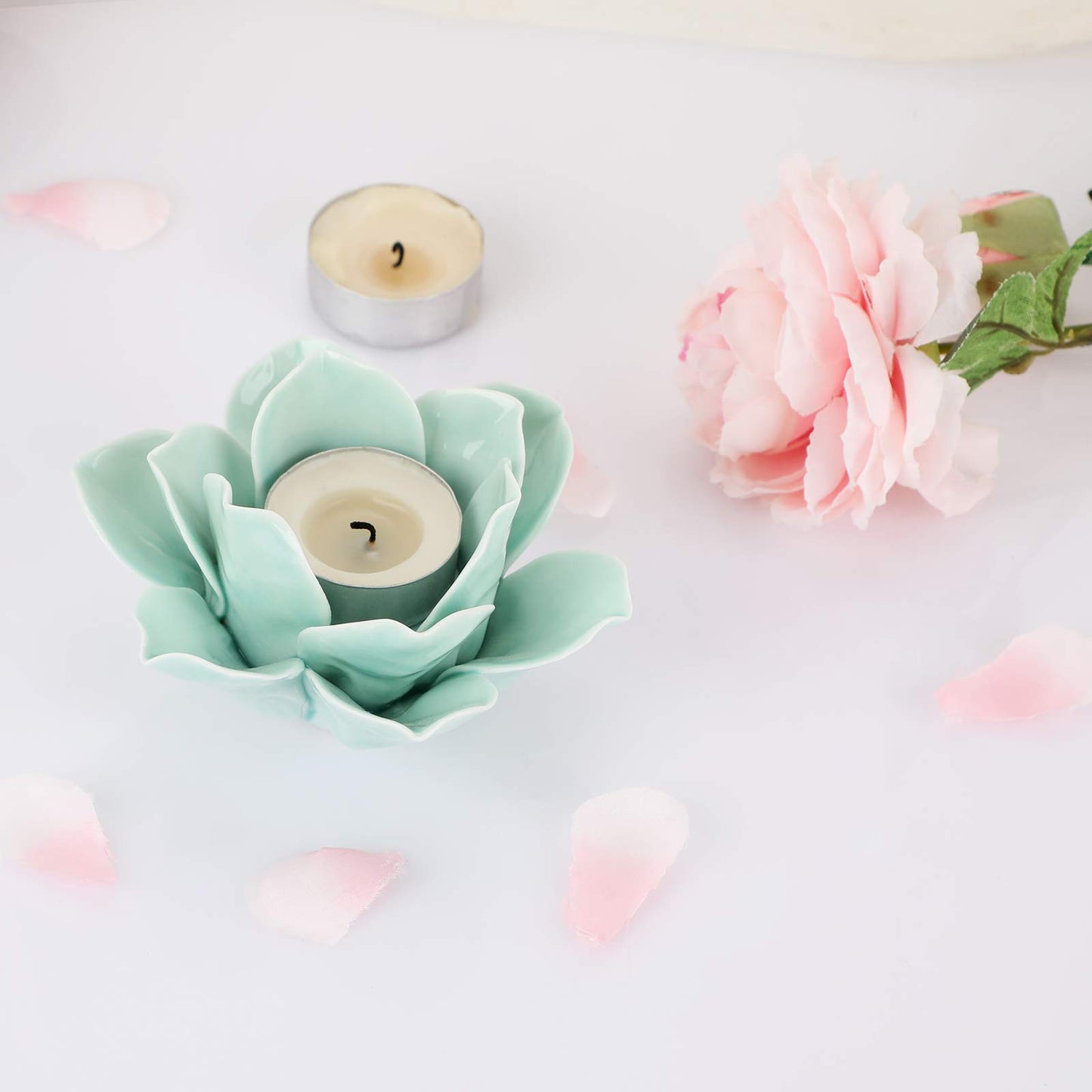 OwnMy Green Ceramic Lotus Flower Tealight Holder 4.5 Inch Lotus Petal Tealight Candle Holder, Ceramic Votive Candle Stand for Wedding Table Centerpieces Home Decors