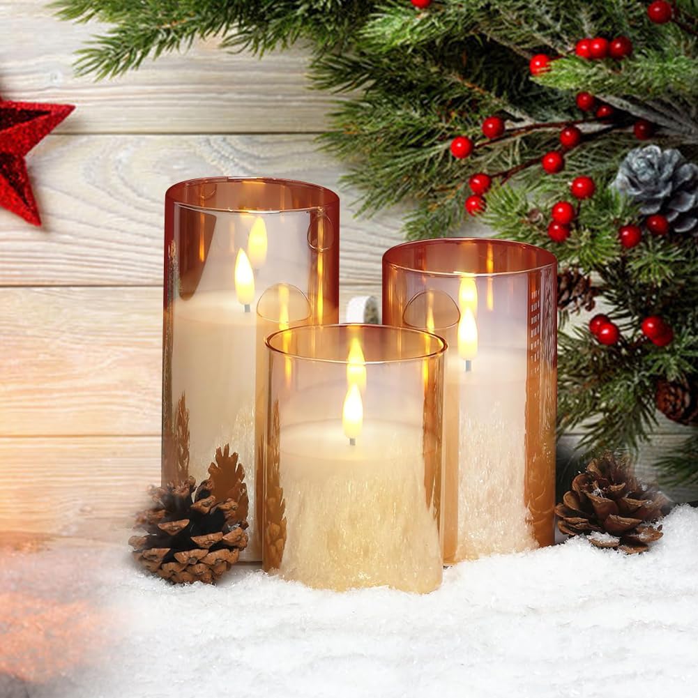 CANDLE CHOICE Real Wax Battery Operated Flameless Pillar Candles with Auto Timer Gold Glass Shell Realistic Black Wick Flickering Electric LED Lights for Wedding Halloween Christmas Decorations 3 Pack