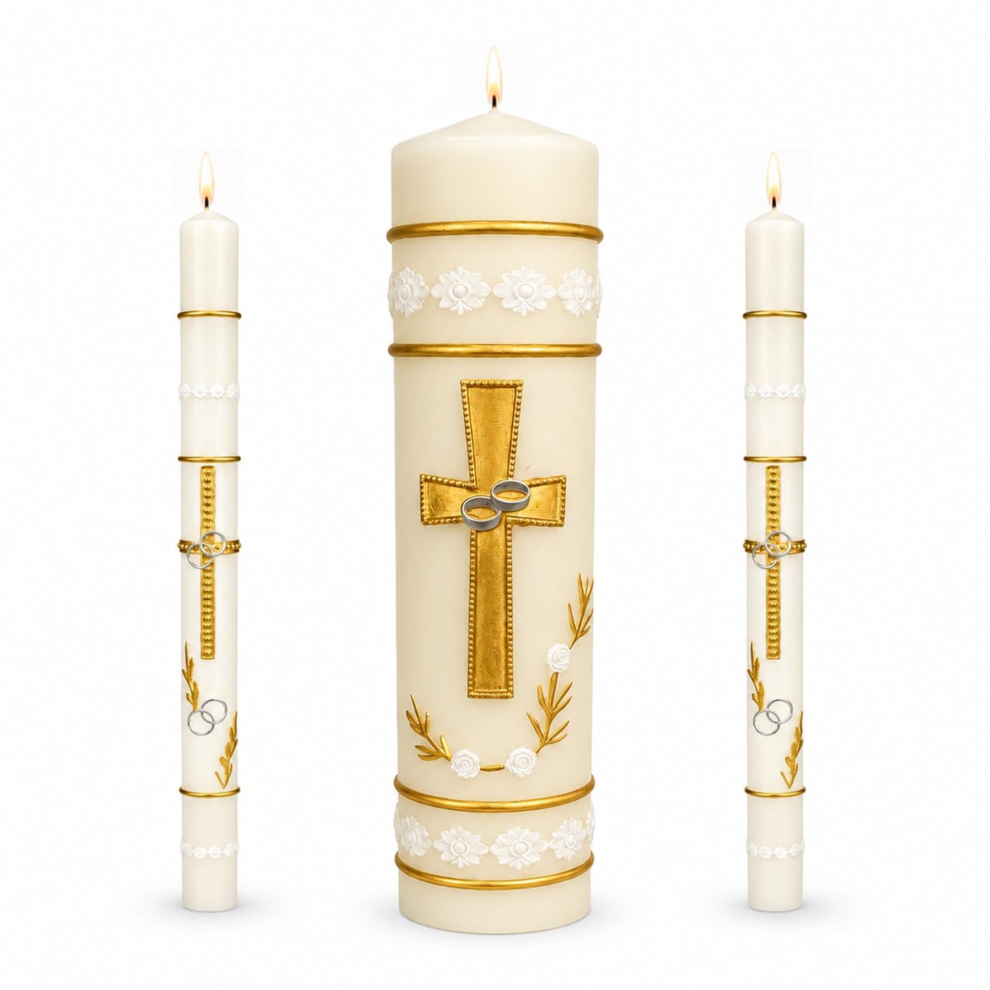 Unity Candles for Wedding Ceremony Set,Wedding Candles 1 Pillar 11.5 Inch and 2 Taper 10 Inch Set 3,Catholic Religious Ceremony Accessories,Velas para Boda (Cross & Rings)