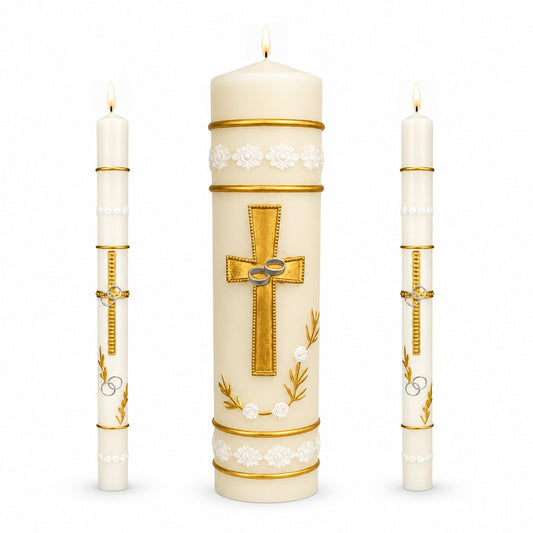 Unity Candles for Wedding Ceremony Set,Wedding Candles 1 Pillar 11.5 Inch and 2 Taper 10 Inch Set 3,Catholic Religious Ceremony Accessories,Velas para Boda (Cross & Rings)