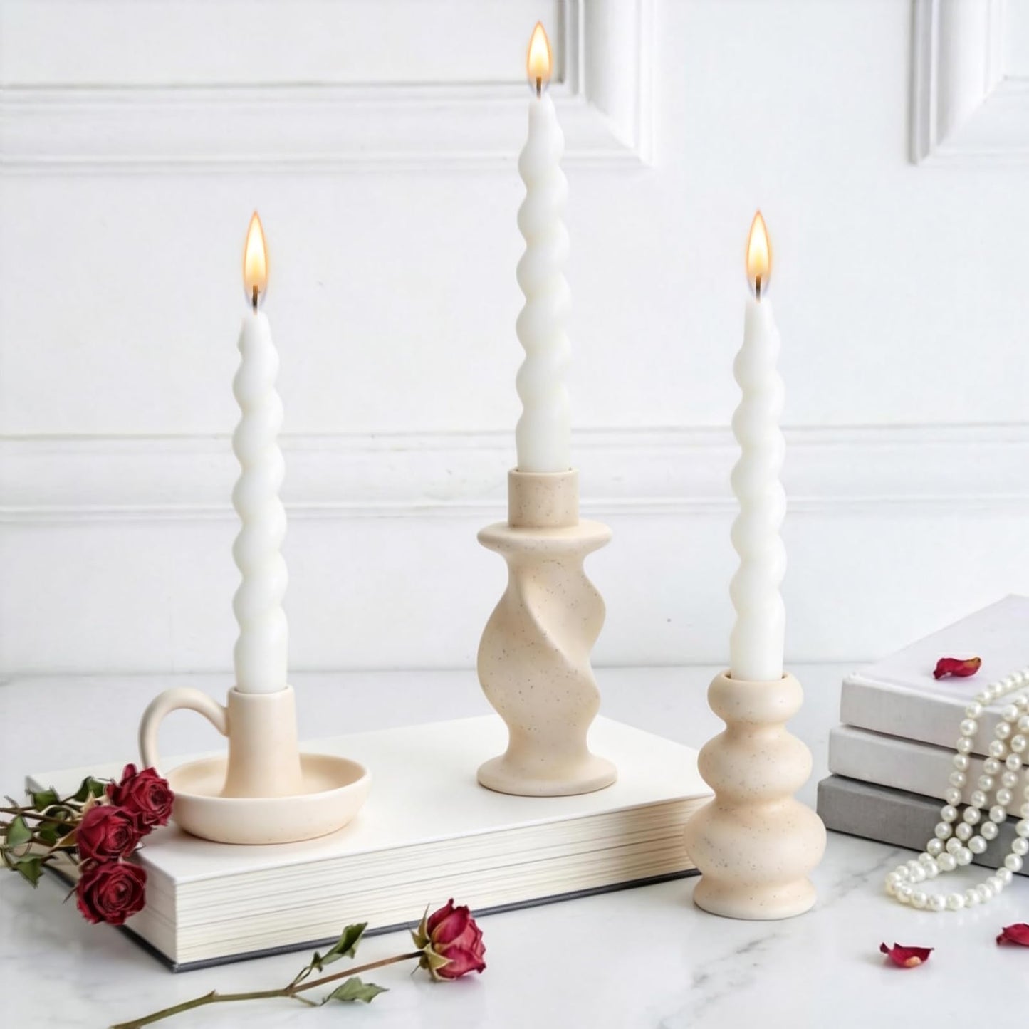 CabyGift Ceramic Taper Candle Holders Set of 3, Cream White Candlestick Holder Nordic Modern Decorative Candle Stand for Home Decor, Dining Table Centerpiece, Housewarming Gift