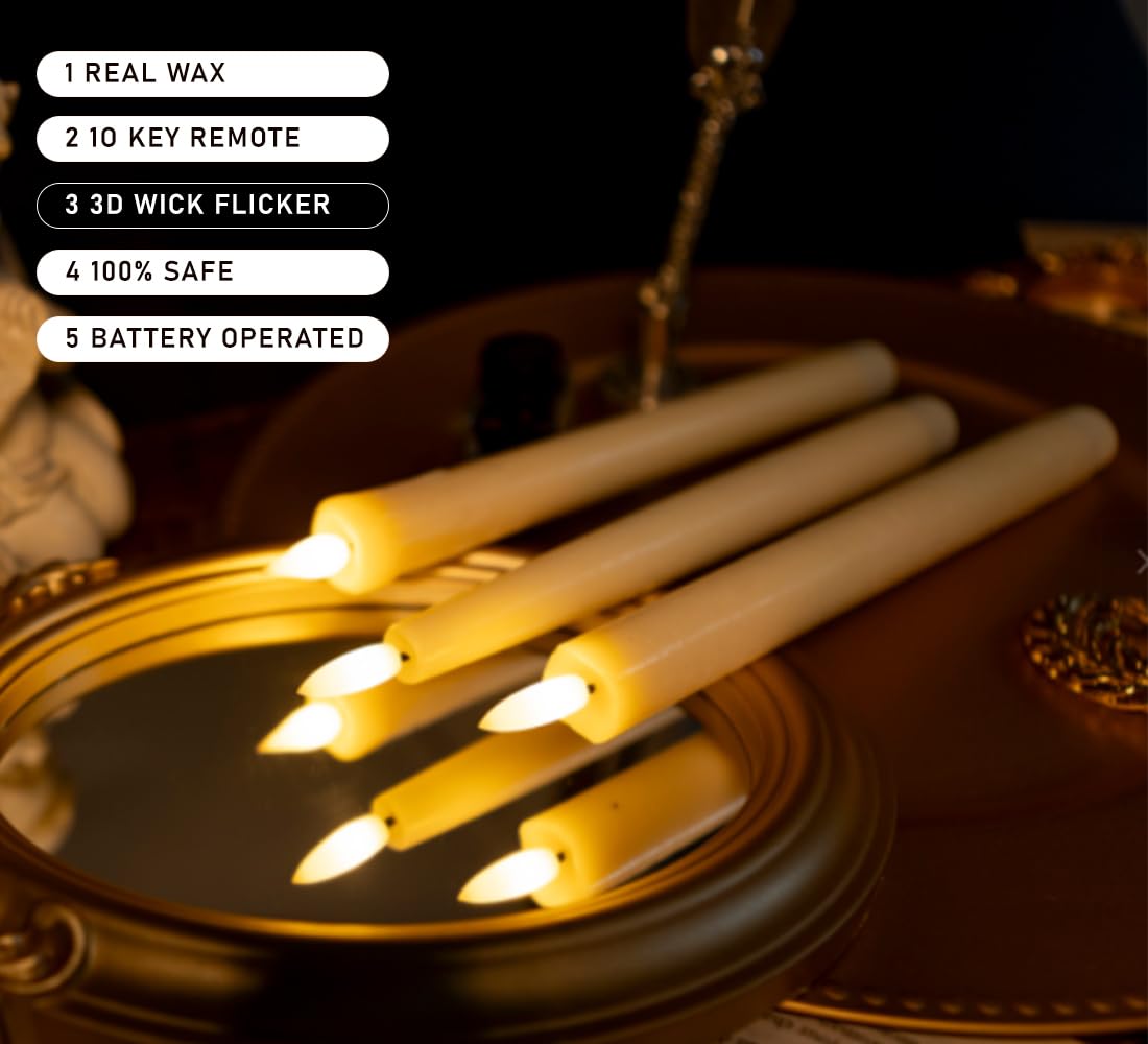 KSWING Upgraded Real Wax LED Flameless Taper Candles with Remote, 6 PCS White Dripping Candlesticks Battery Operated 3D Flickering - 9.6" Long Realistic Fake Candle Sticks for Home/Wedding/Xmas Decor