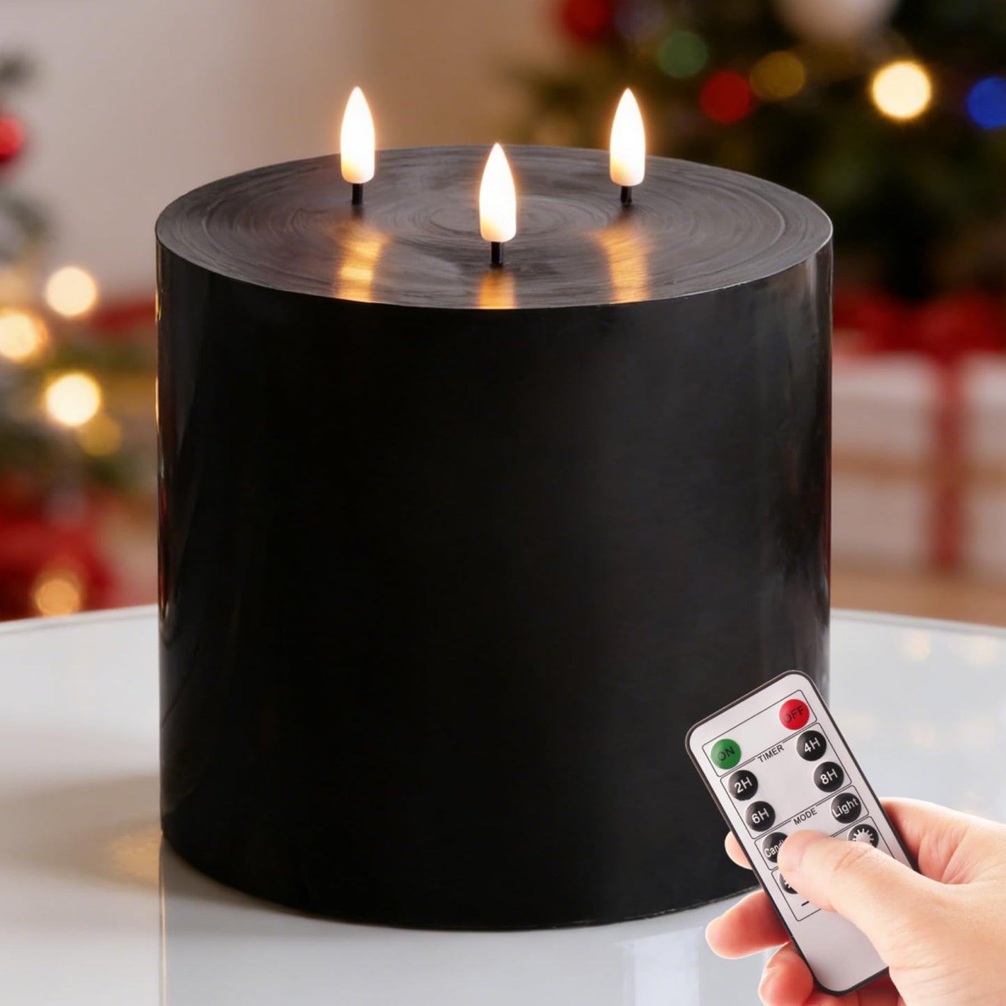 Eywamage 3 Wick Black Flameless Pillar Candle with Remote, Flickering Large Battery LED Wax Candle Φ 6" H 6"