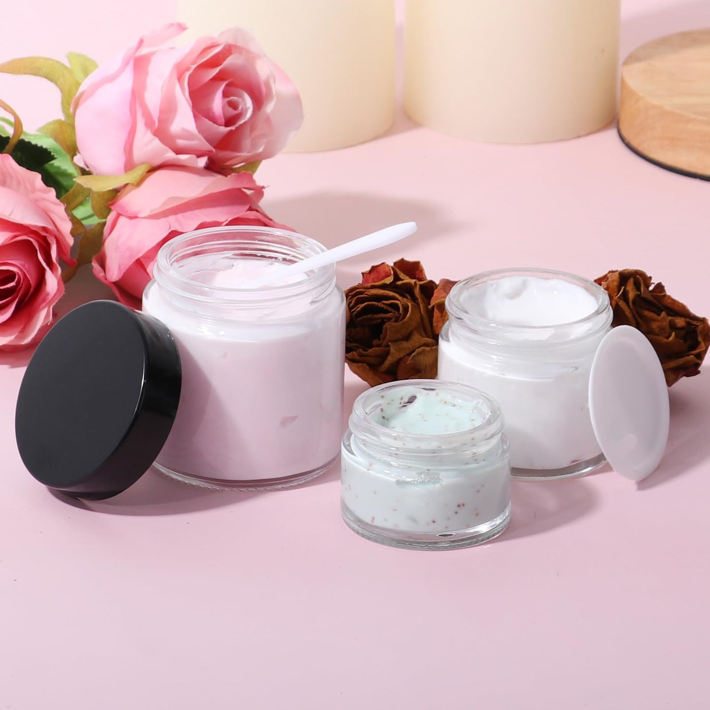 3 Pack Clear Glass Jars with Lids, 4 oz, 2 oz & 1 oz Thick Cosmetic Jars with Inner Liners, BPA Free Leak-Proof Refillable Containers for Lotion, Candle Making, Cream, Scrubs, Travel