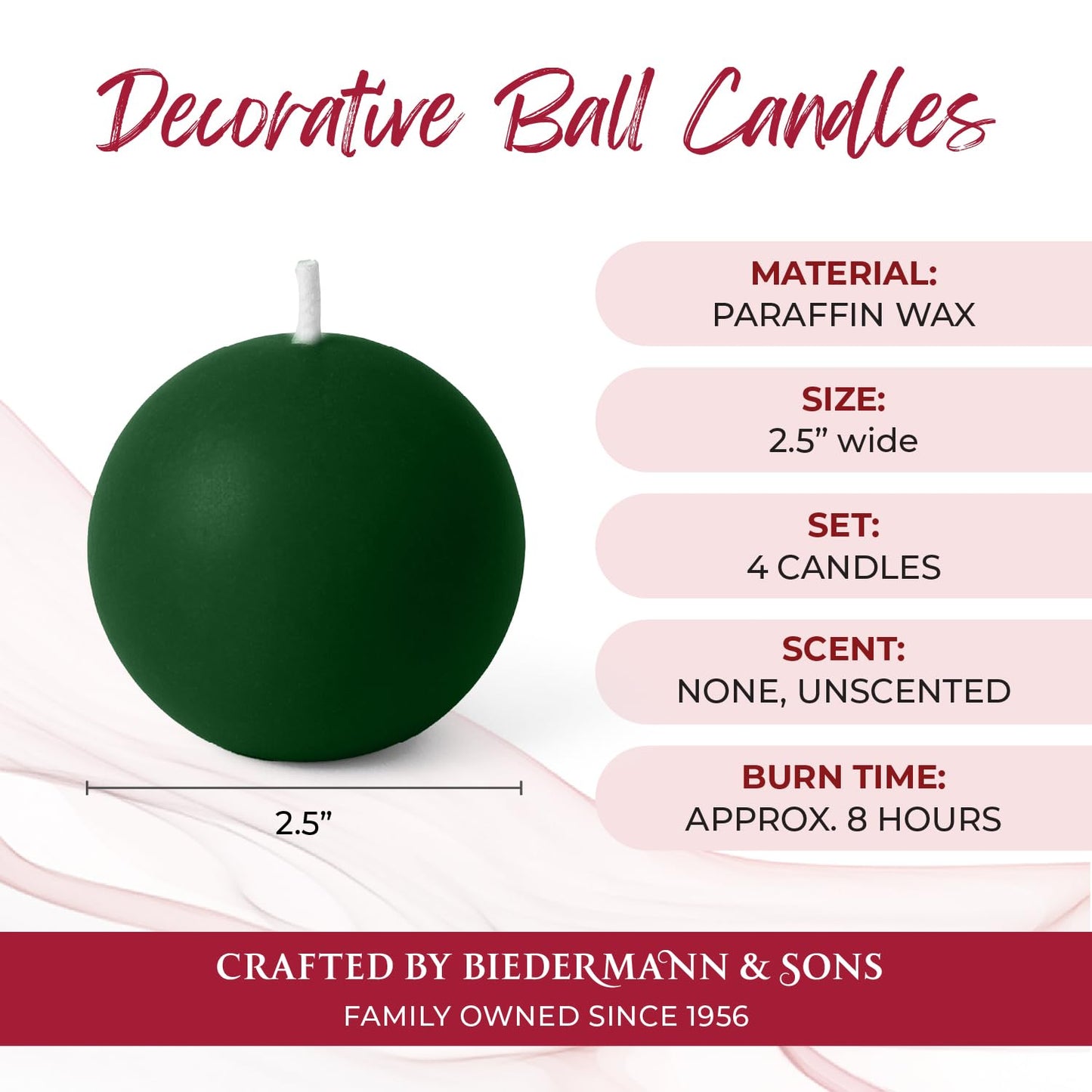 Biedermann & Sons Green Round Candles (Set of 4), Unscented Dripless Balls, 2.5" Spheres, 8 Hour Burn, Decorative Set for Events and Everyday Candlelight
