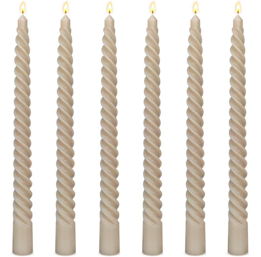 6 Pack 10 Inch Light-Mocha Spiral Taper Candles for Home Decor, Unscented Dripless Twisted Candlesticks for Weddings Dinner Holiday Decoration Formal Events