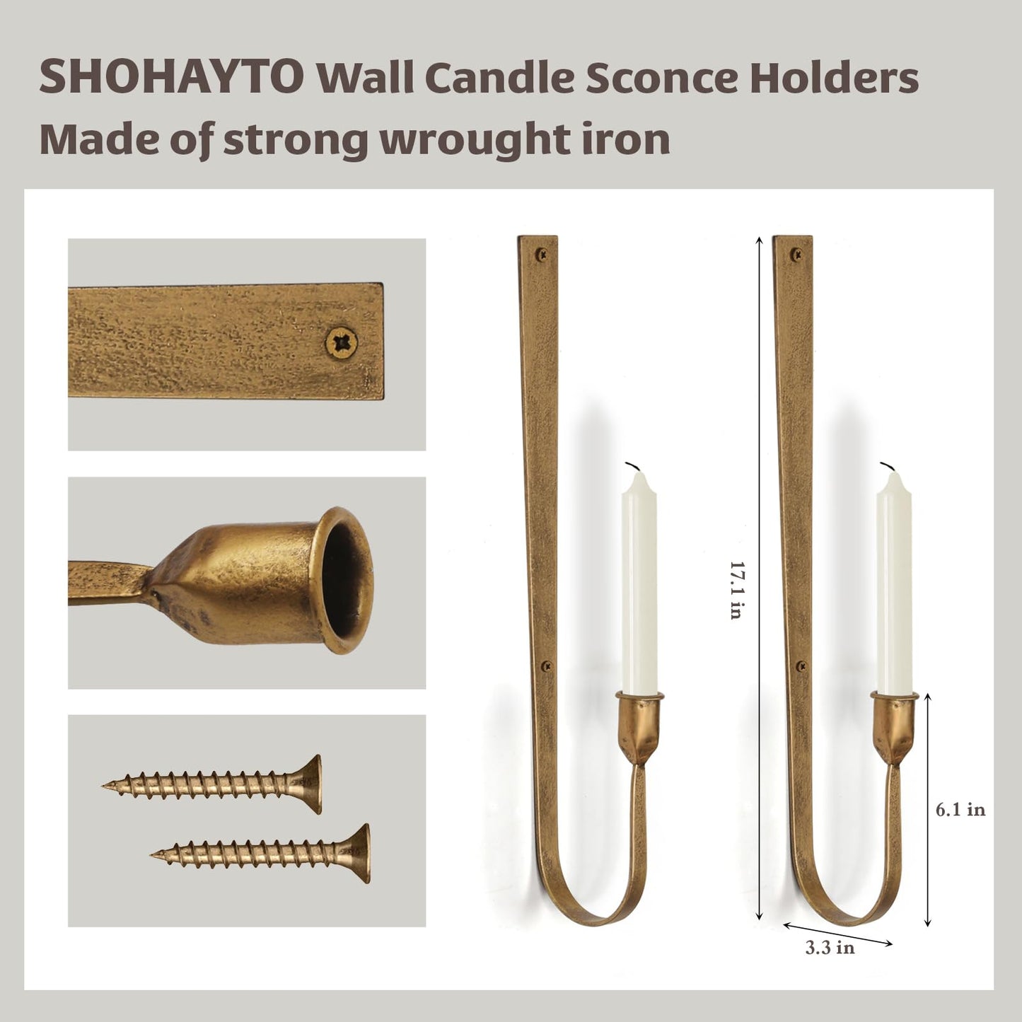 Wall Candle Holder Set of 2 - Golden Metal Wall Sconces, Rust-Resistant Wall Mount Candle Holders for Living Room, Fireplace, Wedding Decor, Modern Farmhouse Wall Decor with Installation Hardware