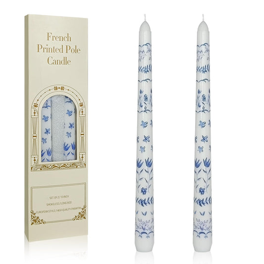 Floral Taper Candles 10 Inch Tall Unscented Handmade Blue and White Rural Pattern Print Long Burning Elegant Candlesticks for Wedding Dinner Home Decor