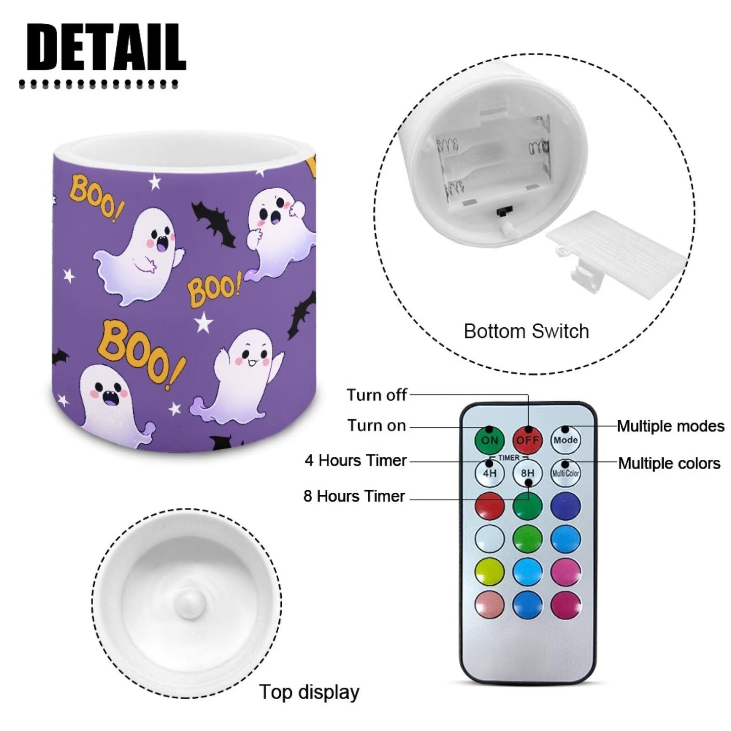 Merkmak Halloween Ghost Bat Print Battery Operated Flameless Candles with Remote and Timer Flameless LED Pillar Candles for Banquet Party Home Decorations 4 Pack Tea Lights Bulk