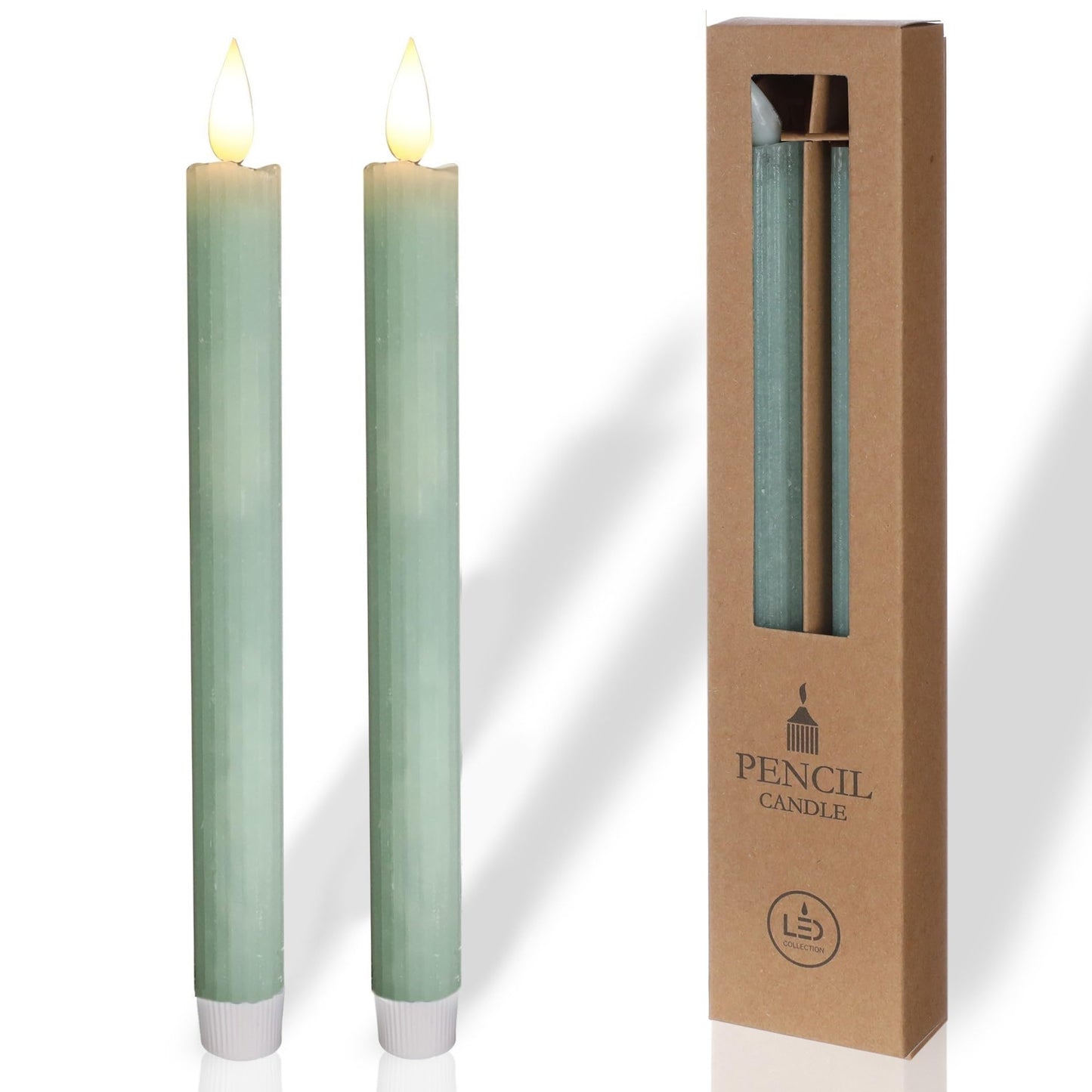comforder Flameless Taper Candles – Flickering LED Flame with 6H Timer – Real Wax, Ribbed Design – Battery Operated Set of 2 – 10" Tall (Eucalyptus Green)