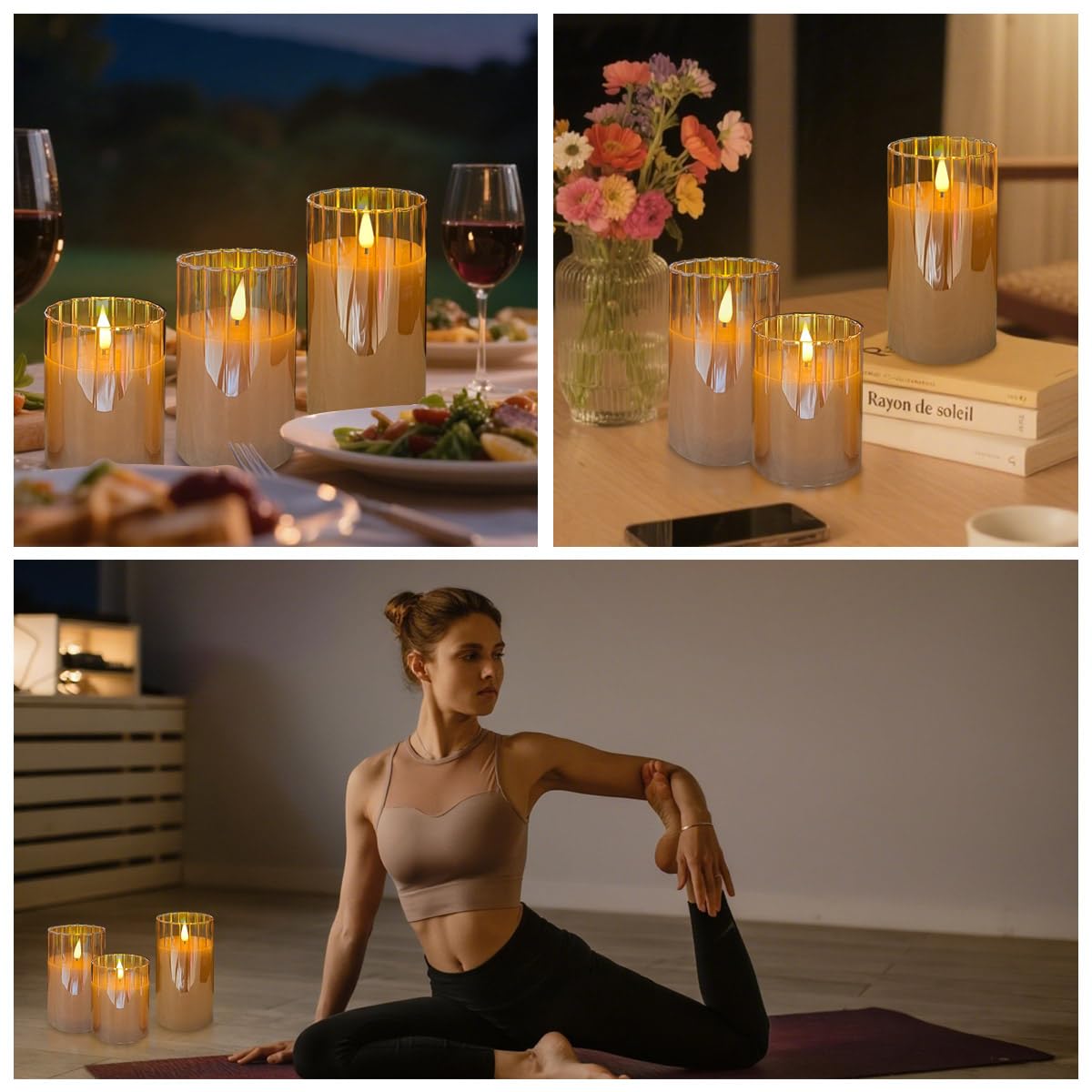 LEDHOLYT Rechargeable Flameless Candle, Flashing LED Pillar Real Wax Candle with Remote Control and Timer, Gold Stripes Glass Electronic Candles for Room Decoration, 1 Set of 3