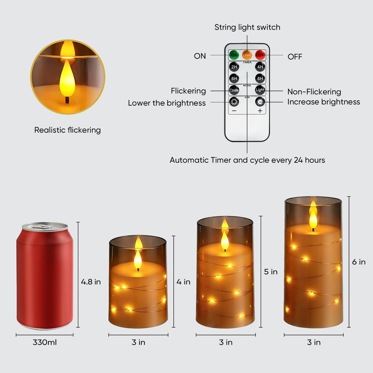 Amagic Grey Battery Operated Candles with Embedded Fairy Lights, Acrylic Fake Pillar LED Flameless Candles with Remote and Timer for Wedding Home Decor, Set of 6, D3 x H4 5" 6"