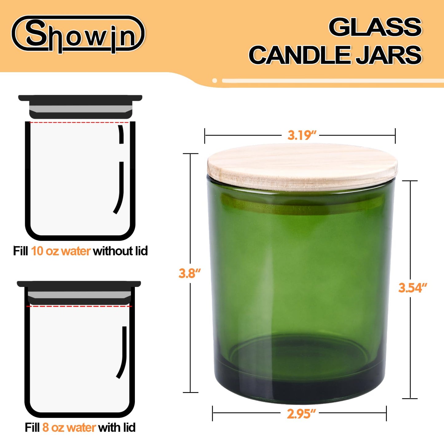 SHOWIN 10 OZ Thick Candle Jars for Making Candles 15 Pcs, Empty Jars with Wood Lids for Candle Making, Sample Container, Clear Green