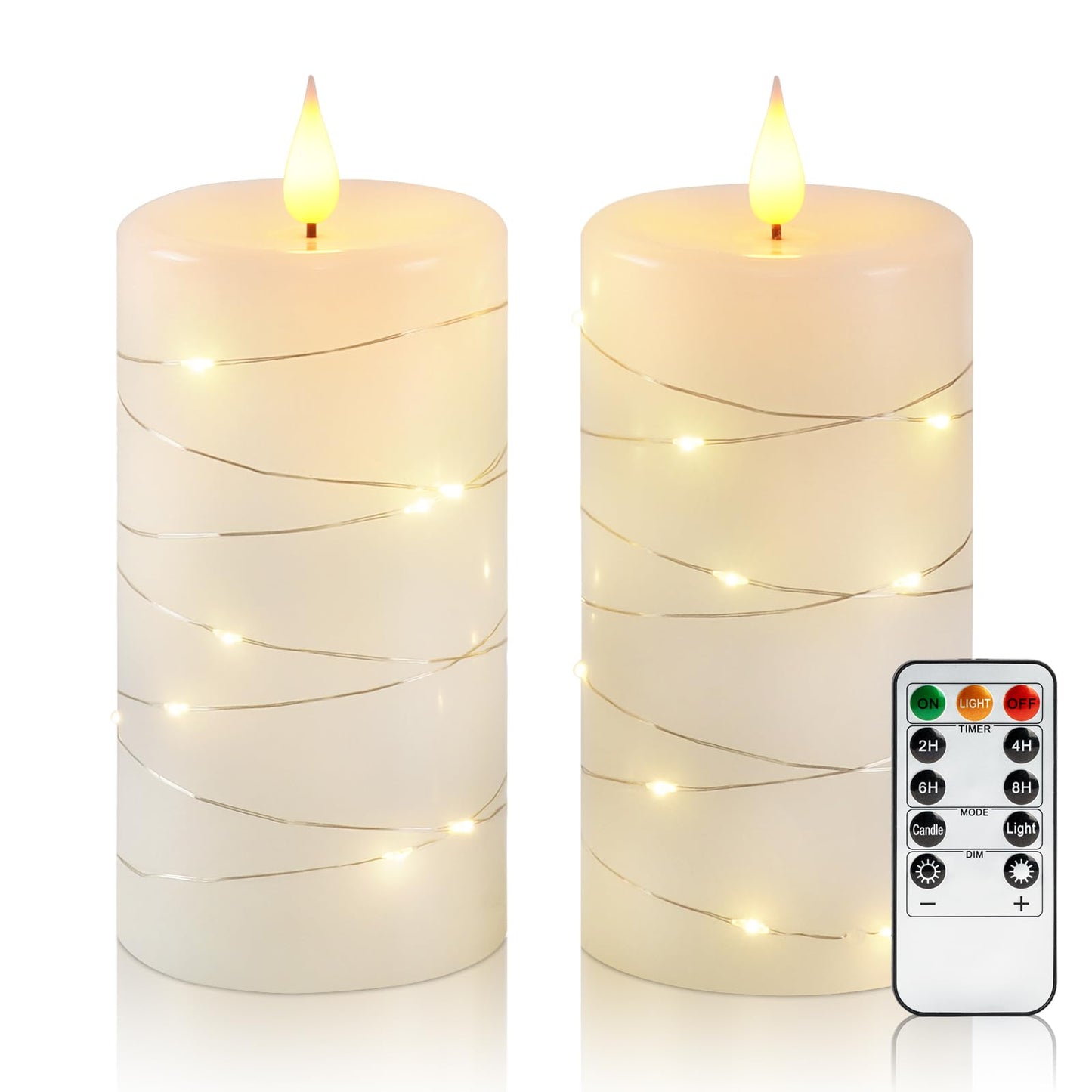 Amagic Flameless Candles with Embedded String Lights, 11-Key Remote & Timer, 3D Wick Real Wax Battery Operated Flickering Led Pillar Candles for Home, Lantern Decor, Set of 2, White