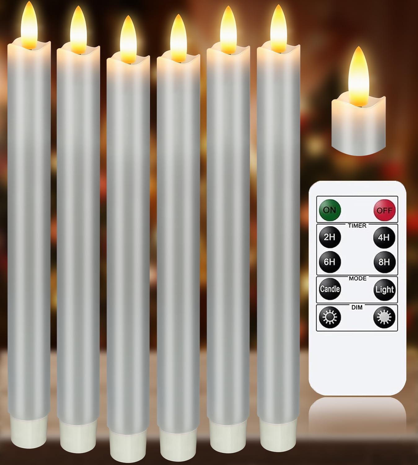 KSWING Upgraded Real Wax LED Flameless Grey Taper Candles with Remote, 6 PCS Candlesticks Battery Operated 3D Flickering - 9.6" Long Realistic Fake Candle Sticks for Home/Wedding/Fireplace Xmas Decor