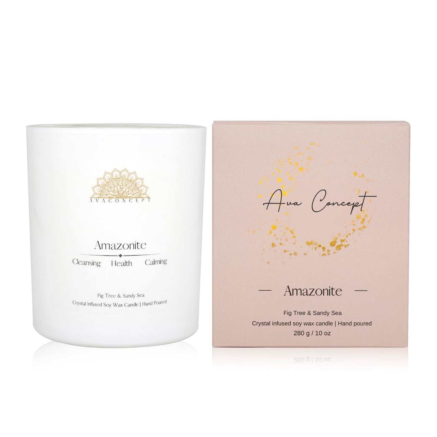 Ava Concept Amazonite Crystal Candle – 10oz / 280g Fig Tree & Sandy Sea Aromatherapy Hand-Poured Soy Wax Genuine Amazonite Healing Crystals Embedded Cleansing, Health & Calming Gift Box Included