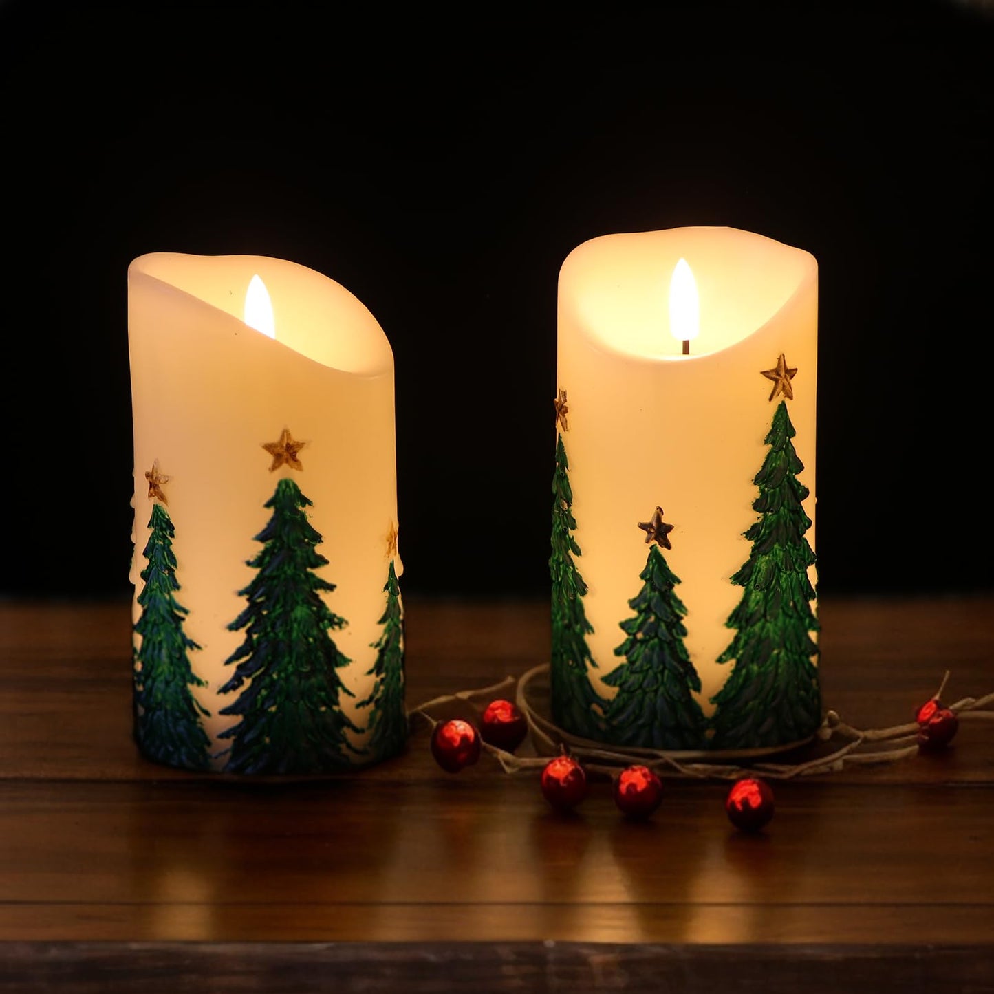 Lasumora Christmas Tree LED Candles with 6H Timer, flameless Candles with Flickering Flame, Waxy Pillar 2 Pack Flickering Star Decor for Fall Christmas Decor (3 inches x 5.7 inches)