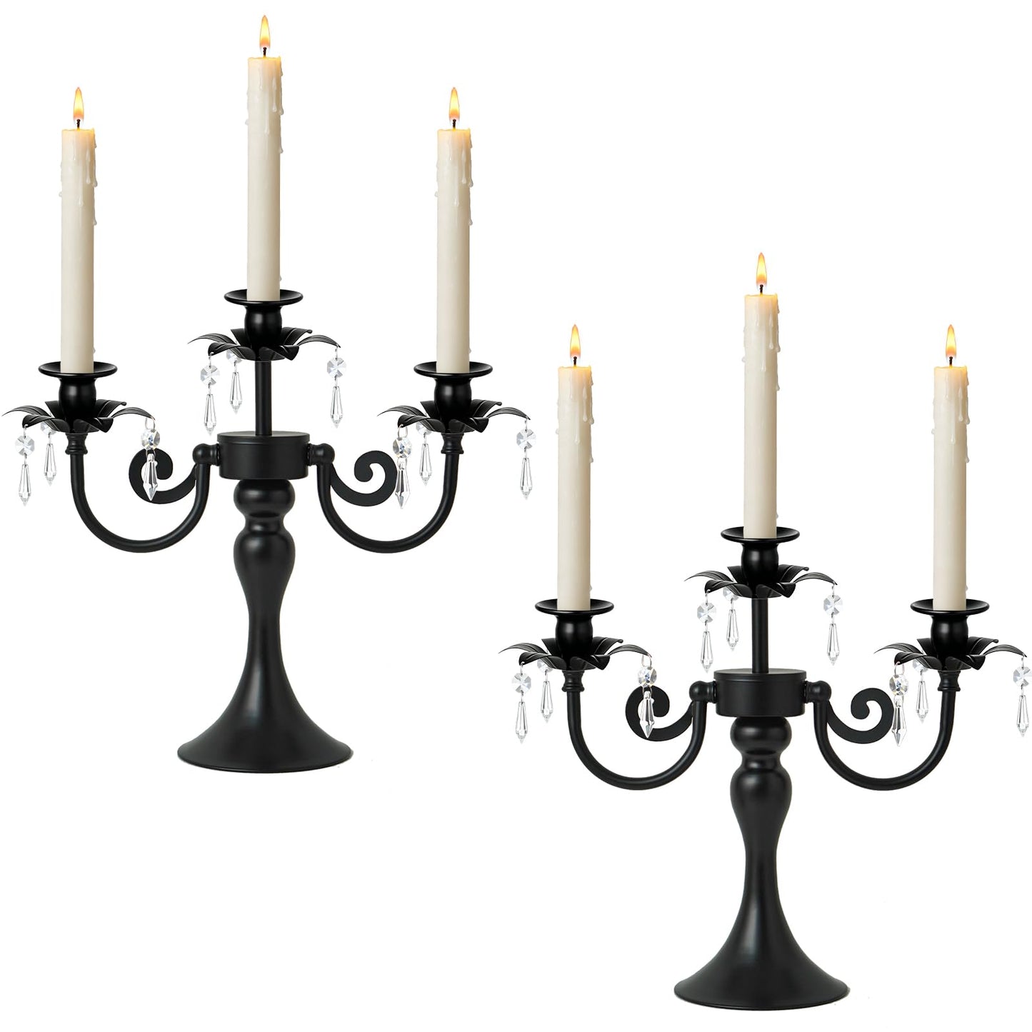 KEHAIL Metal 3 Arm Candelabra with Crystal Pendants - 11.8 Inch Tall Candle Holders, Set of 2 - Elegant Taper Candlestick Stand for Wedding, Dining Table, Christmas Party Home Decoration (2, Black)