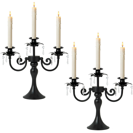 KEHAIL Metal 3 Arm Candelabra with Crystal Pendants - 11.8 Inch Tall Candle Holders, Set of 2 - Elegant Taper Candlestick Stand for Wedding, Dining Table, Christmas Party Home Decoration (2, Black)