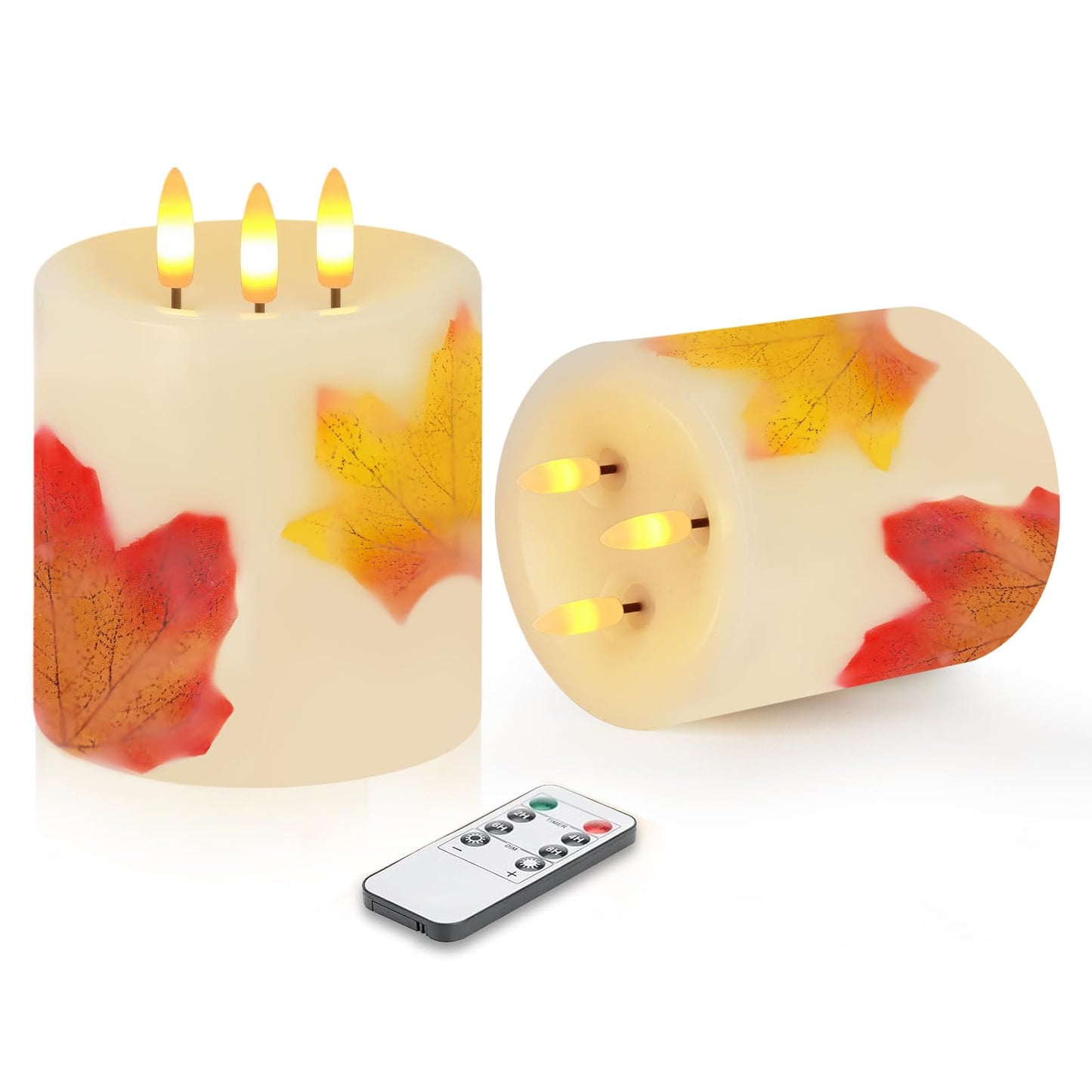 Large 3 Wick Flameless Candles Set of 2, 4"x4" Flickering Maple Leaves LED Candles with Remote & Timer, Real Wax Electric Pillar Candles Battery Operated, Fall Candles for Thanksgiving Autumn Decor